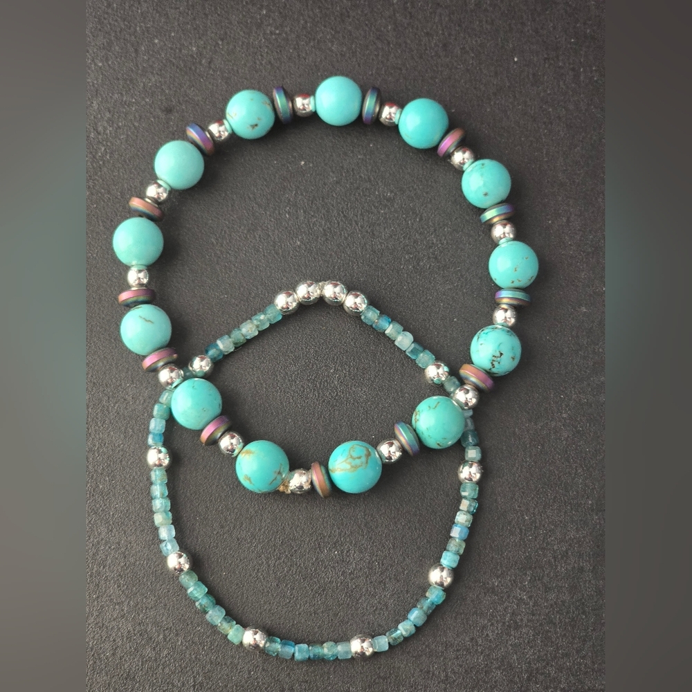 Blue Magnesite, Hematite, and Apatite Bracelet Set
